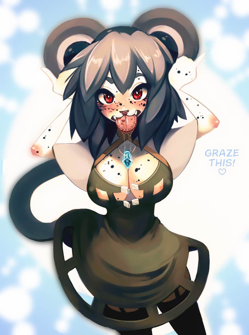 2012 animal_ears blush breasts cleavage dress female grey_hair hair mouse mouse_ears nazerine nazrin nipples red_eyes rodent solo stockings tongue touhou