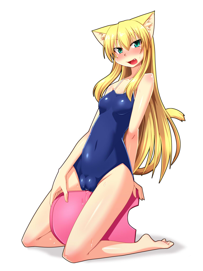 animal_ears aqua_eyes barefoot blonde_hair blush cat_ears cat_tail covered_navel fang fat_mons kickboard kneeling long_hair nokoppa one-piece_swimsuit open_mouth original pussy_juice sidelocks simple_background solo swimsuit tail white_background