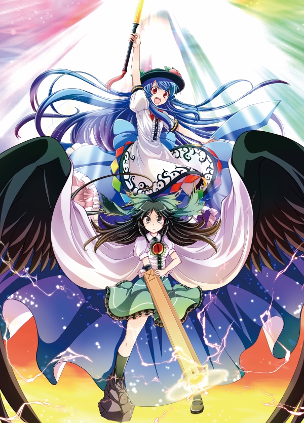:d arm_cannon arm_up black_hair blue_hair bow brown_eyes cape food fruit hair_bow hat hinanawi_tenshi long_hair mikagami_hiyori multiple_girls open_mouth peach red_eyes reiuji_utsuho skirt smile sword_of_hisou touhou weapon wings