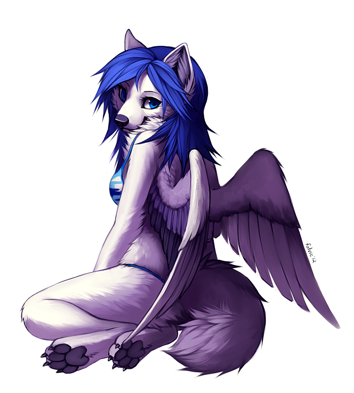 anthro blue_eyes blue_hair canine falvie female fur hair looking_at_viewer mammal plain_background solo white_background white_feathers white_fur white_theme wings wolf
