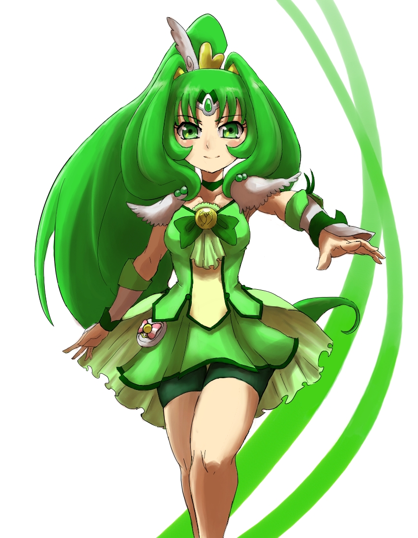 bad_id bad_pixiv_id bike_shorts breasts choker cure_march green green_choker green_eyes green_hair green_shorts green_skirt long_hair magical_girl medium_breasts midorikawa_nao outstretched_arm ponytail precure shorts shorts_under_skirt simple_background skirt smile smile_precure! solo tachi_(mogurazero) tiara tri_tails walking white_background