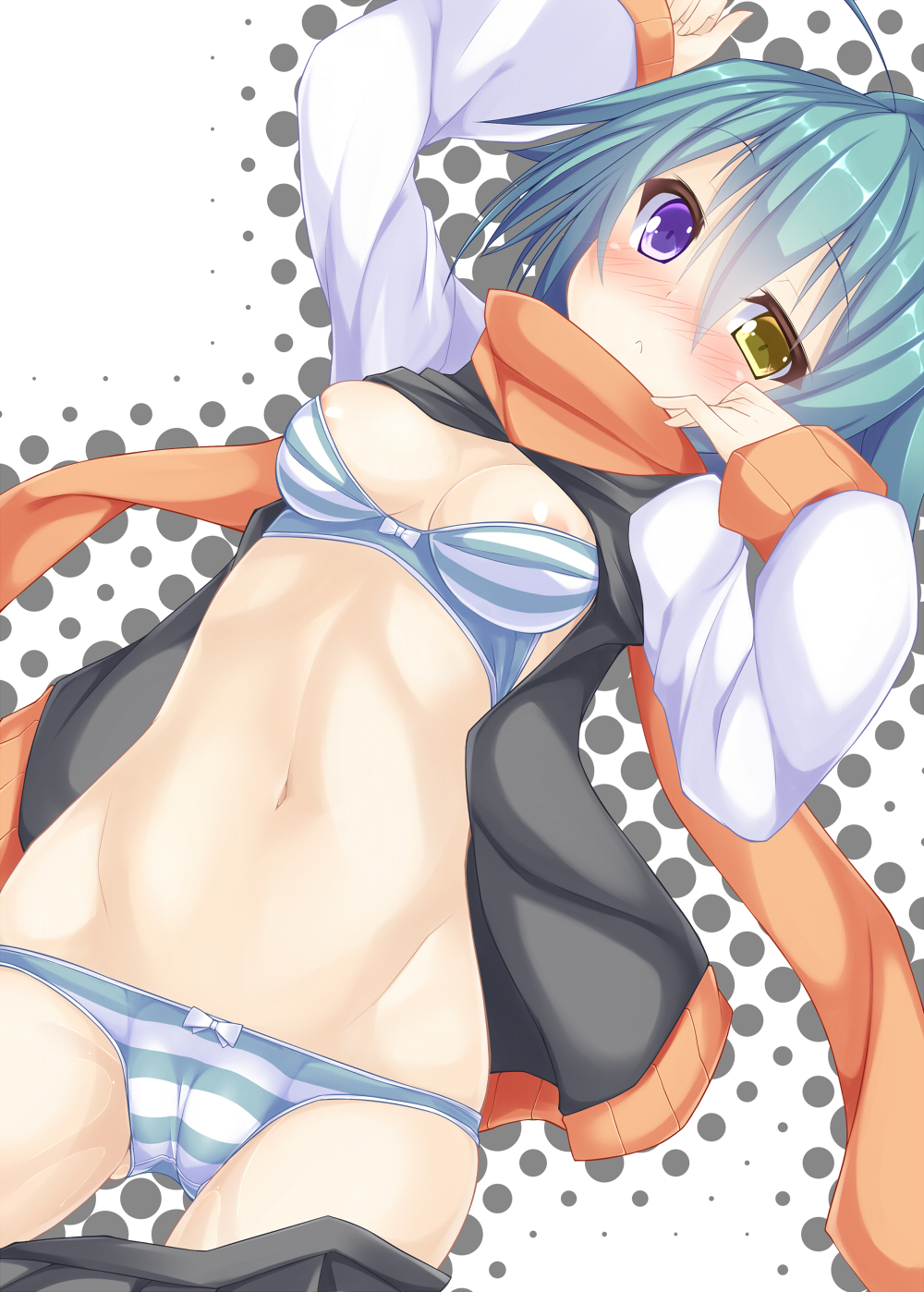 aqua_hair areola_slip areolae bad_id bad_pixiv_id blush bow bow_bra bow_panties bra breasts cameltoe frown heterochromia highres medium_breasts navel orange_scarf original panties purple_eyes rebecca_arcane scarf short_hair skirt skirt_around_one_leg solo striped striped_bra striped_panties suterii underwear yellow_eyes