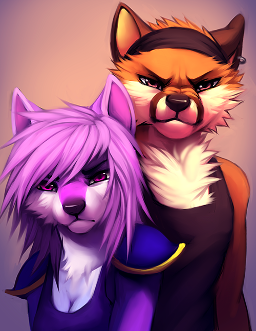 angry anthro canine duo falvie female fox fur male mammal orange_fur purple_fur wolf