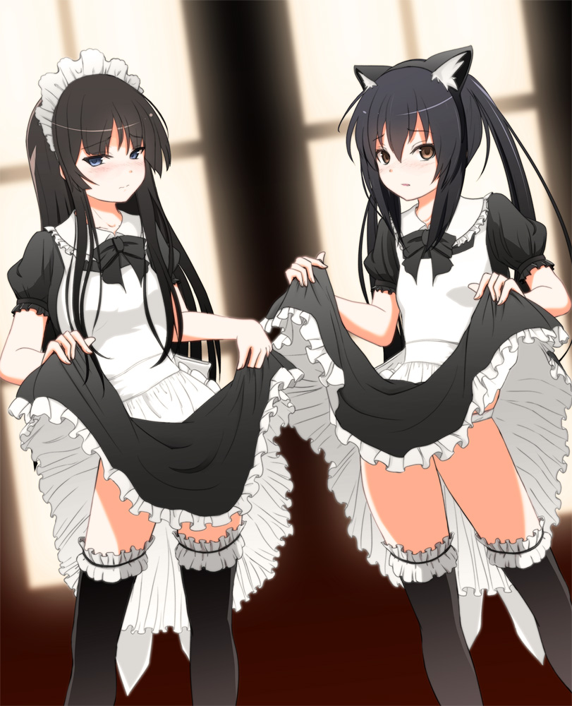 akiyama_mio animal_ears apron black_hair black_legwear blue_eyes brown_eyes cat_ears dress dress_lift embarrassed garters k-on! long_hair looking_at_viewer maid multiple_girls nakano_azusa panties shiina_shian standing thighhighs twintails underwear