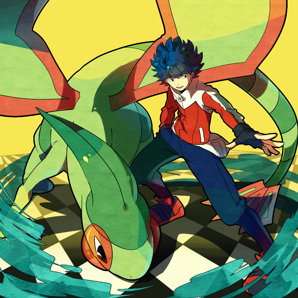 black_hair fingerless_gloves flygon gen_3_pokemon gloves green_wings hand_in_pocket hue_(pokemon) jacket pokemon pokemon_(creature) pokemon_(game) pokemon_bw2 skyloop19 spiked_hair wings