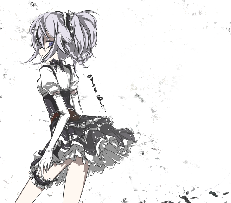 alternate_costume alternate_hair_length alternate_hairstyle blue_eyes izayoi_sakuya leg_garter looking_back loxodon ponytail short_hair silver_hair skirt solo touhou