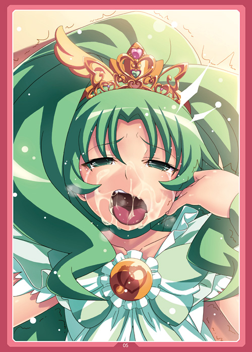 blush border choker cover cum cum_in_mouth cum_on_tongue cure_march facial green green_choker green_eyes green_hair long_hair magical_girl midorikawa_nao open_mouth ponytail precure red_border smile_precure! solo tasaka_shinnosuke