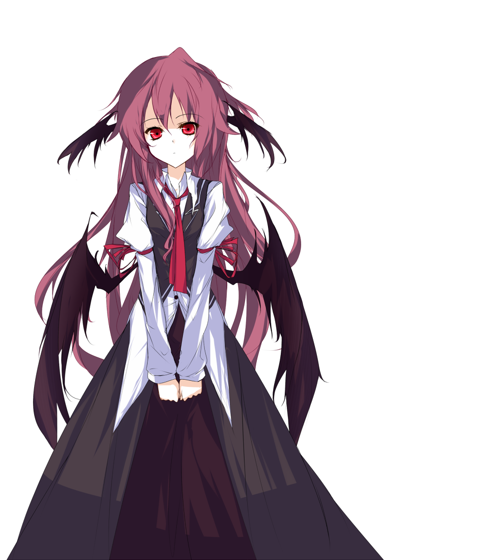 arm_garter bat_wings bow dress_shirt expressionless head_wings koakuma long_hair looking_at_viewer low_wings loxodon messy_hair necktie red_eyes red_hair red_ribbon ribbon shirt skirt solo touhou transparent_background untucked v_arms very_long_hair vest white_shirt wings