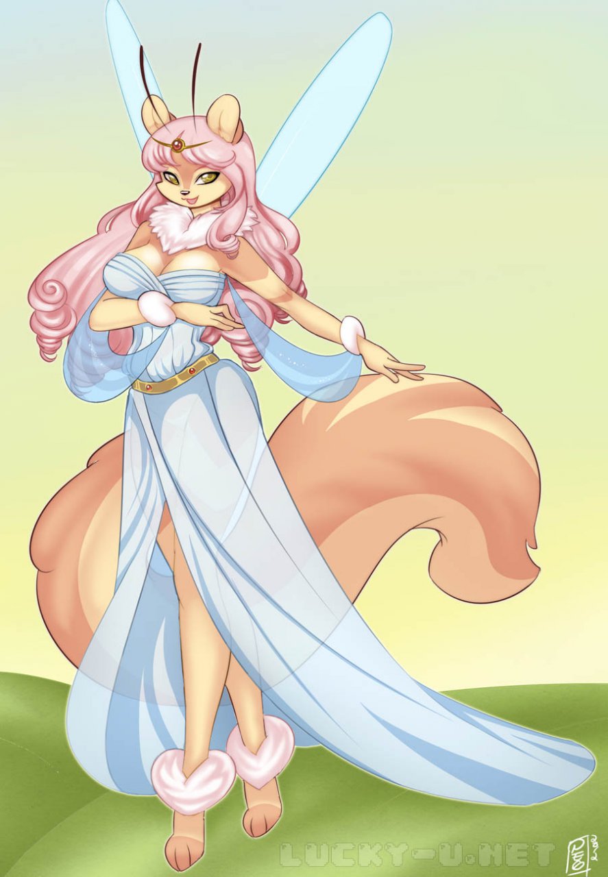 amber_eyes antennae belt breasts brown_body cleavage clothed clothing crown dress female fluffy_tail hair hindpaw long_hair looking_at_viewer luckypan neolucky orange paws pink_hair princess royalty sheer_clothing smile solo squee standing translucent wings yellow yellow_eyes