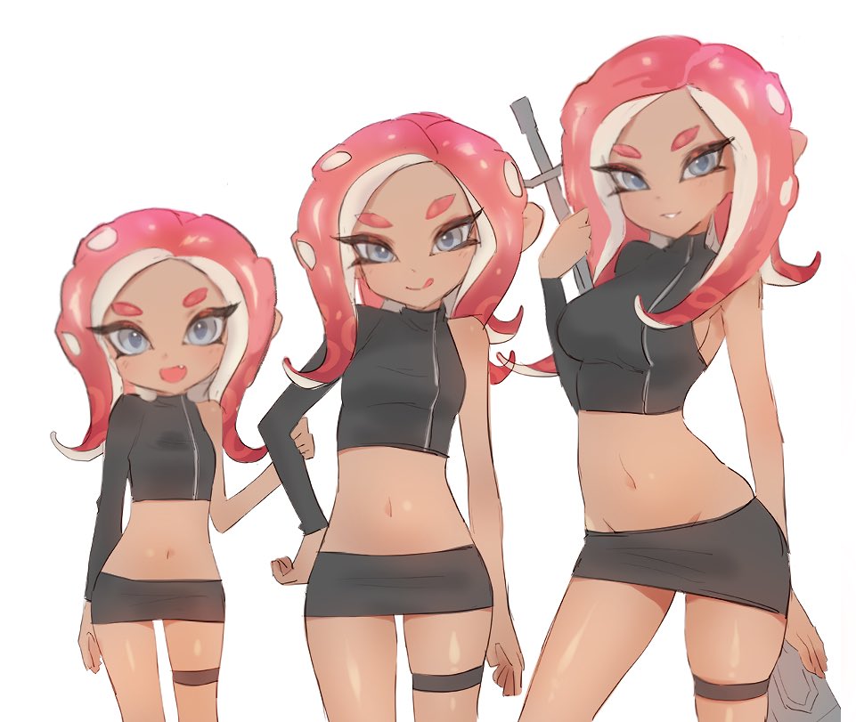 3girls age_progression arm_at_side arm_hug black_skirt breasts crop_top fang groin hand_on_hip jtveemo licking_lips light_blush looking_at_viewer medium_hair midriff miniskirt multiple_girls multiple_persona navel octoling open_mouth parted_lips shiny shiny_skin sideboob simple_background single_sleeve skirt smile splatoon splatoon_(series) splatoon_2 splatoon_2:_octo_expansion squidbeak_splatoon suction_cups tentacle_hair thigh_gap thigh_strap tongue tongue_out zipper
