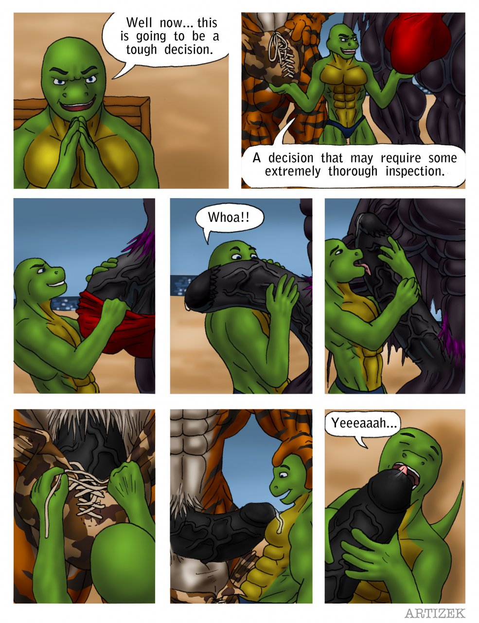 anthro artizek balls beach biceps big_muscles big_penis clothing comic deacon_chaos dialog dragon english_text feline gay hyper hyper_muscles interspecies male mammal muscles pecs penis precum reptile scalie seaside size_difference text tiger vein wings xianos