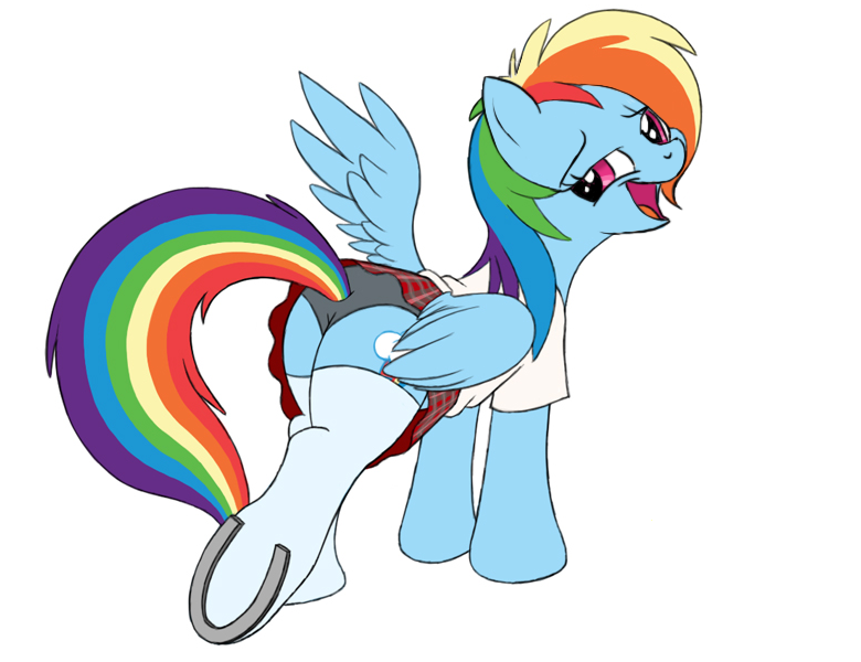 equine female feral friendship_is_magic hair horse looking_at_viewer mammal multi-colored_hair my_little_pony panties pegasus plain_background pony rainbow_dash_(mlp) rainbow_hair school_uniform schoolgirl_uniform simple_background skirt solo underwear white_background wings