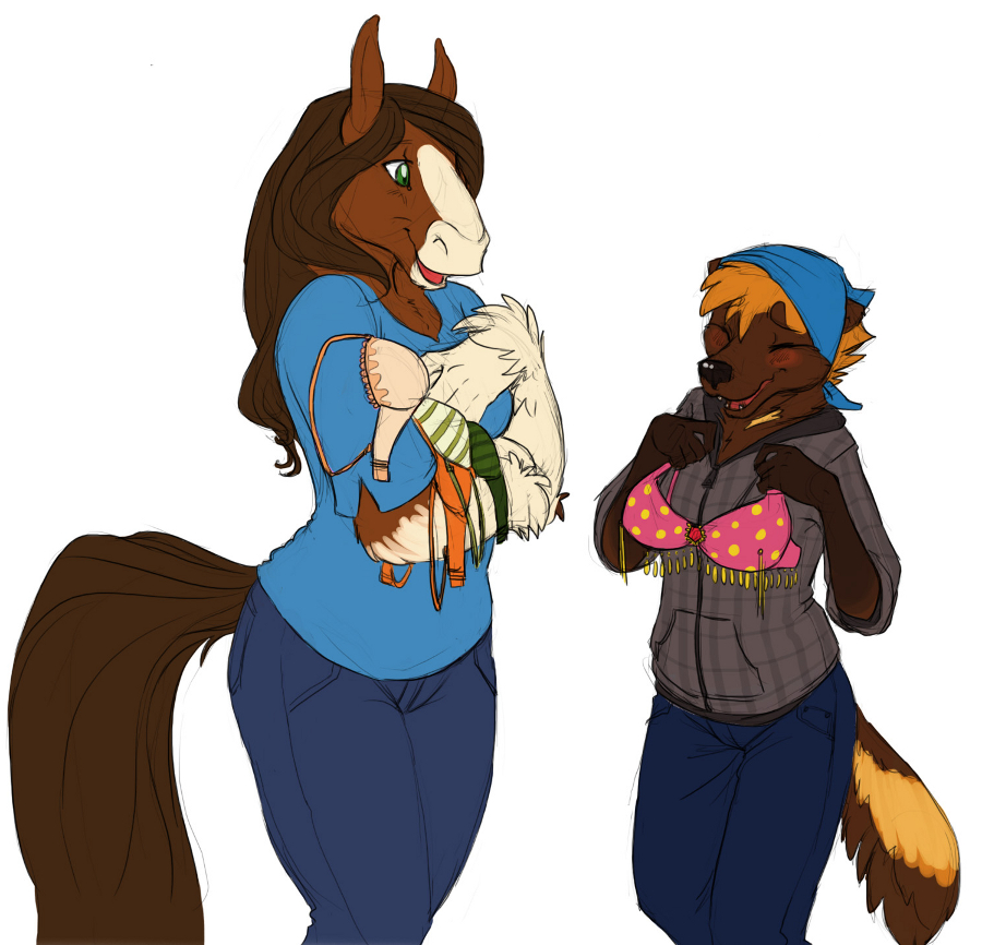 bandanna blush bra clothed clothing clydesdale color duo ears_back equine female friends green_eyes hoodie horse jeans jessi jewels lace mammal mustelid nostrils open_mouth pants sefeiren size_difference spots stripes tassels underwear wolverine