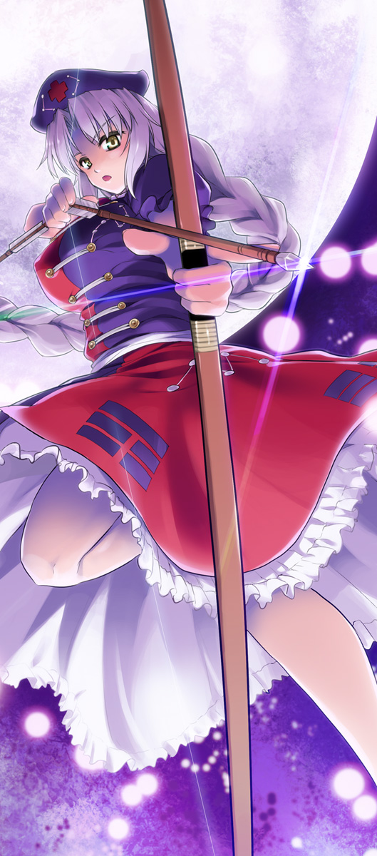 aiming arrow bow_(weapon) braid cross drawing_bow frills hat highres holding holding_arrow holding_bow_(weapon) holding_weapon long_hair moon open_mouth ouma_tokiichi outstretched_arm puffy_sleeves red_cross short_sleeves silver_hair single_braid solo touhou very_long_hair weapon yagokoro_eirin yellow_eyes