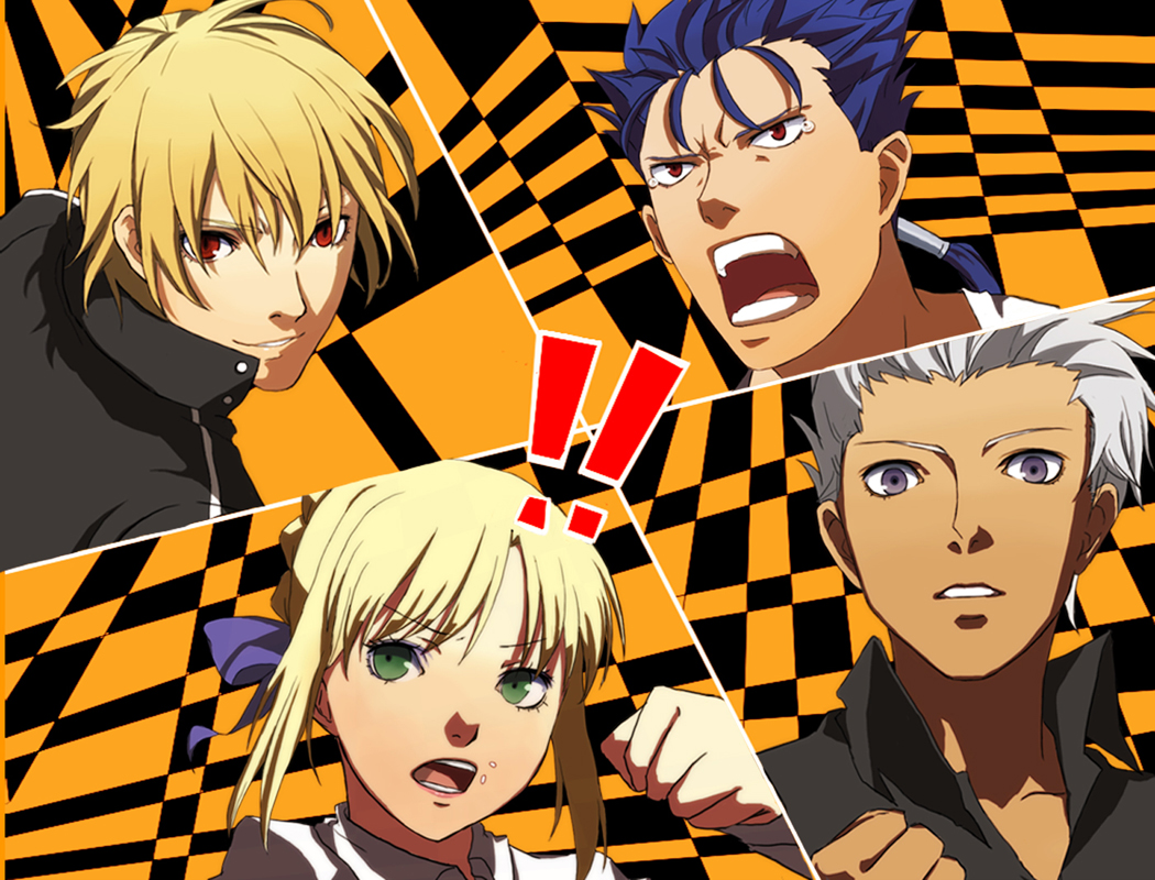 1girl 3boys all-out_attack archer artoria_pendragon_(all) asarihamaguri bad_id bad_pixiv_id blonde_hair blue_hair dark_skin earrings fate/stay_night fate_(series) food food_on_face gilgamesh green_eyes grey_eyes jewelry lancer long_hair multiple_boys parody persona persona_4 ponytail red_eyes saber style_parody white_hair