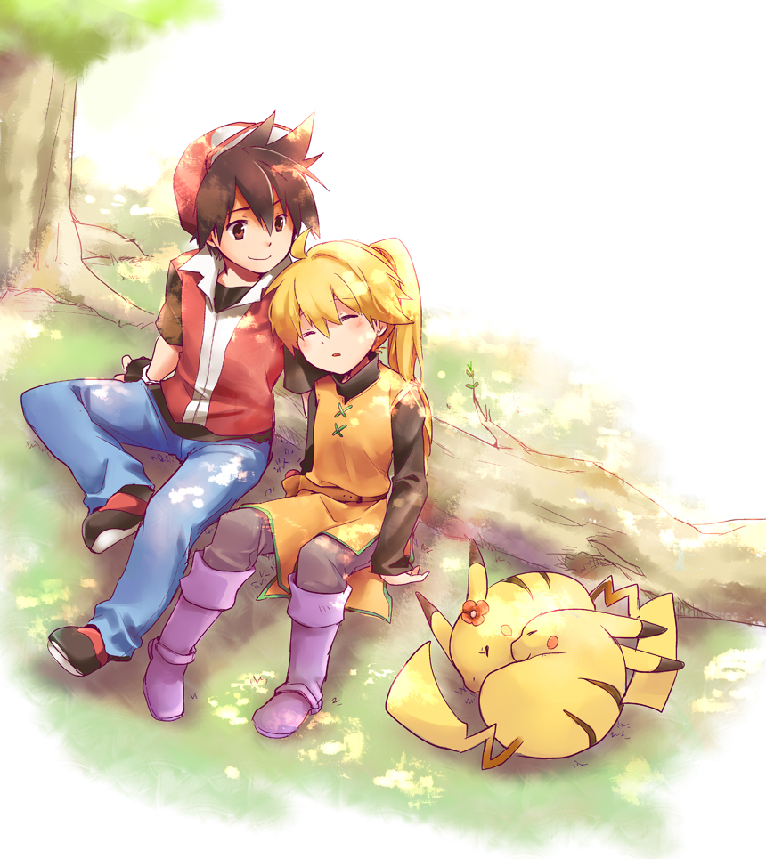 1girl baseball_cap belt black_hair blonde_hair boots chuchu_(pokemon) couple gen_1_pokemon hat hetero pikachu pokemon pokemon_(creature) pokemon_special ponytail red_(pokemon) sitting sleeping smile spiked_hair tree unagi_(kobucha_blaster) yellow_(pokemon)