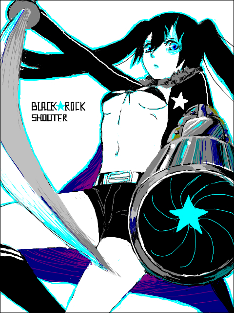 arm_cannon bad_id bad_pixiv_id black_hair black_rock_shooter black_rock_shooter_(character) blue_eyes breasts kai_(pixiv93444) long_hair medium_breasts midriff navel solo sword twintails underboob weapon