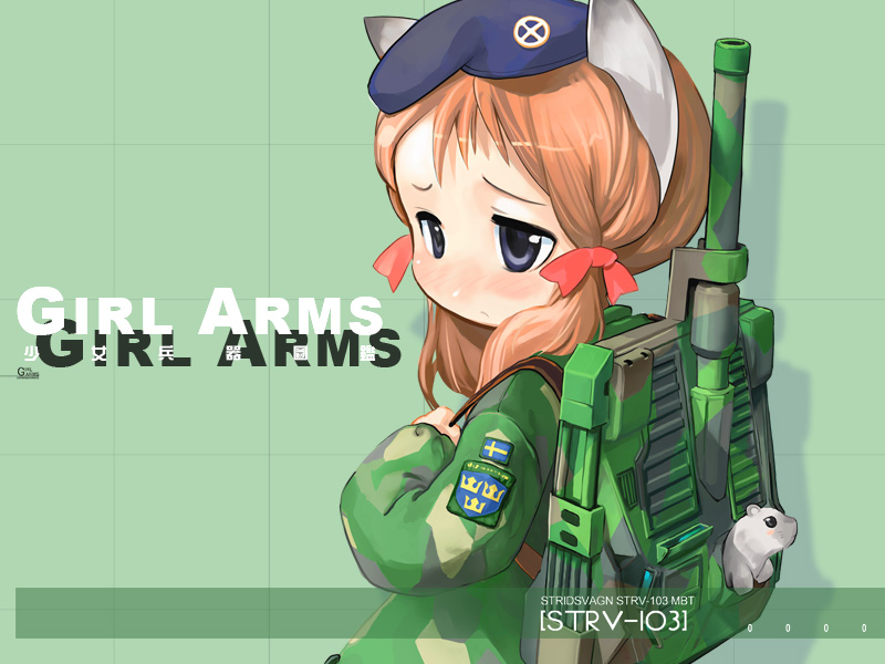 animal_ears backpack bag beret black_eyes blush brown_hair cannon girl_arms hair_ribbon hat mecha_musume military military_uniform mouse ribbon solo stridsvagn_103_(personification) sweden swedish swedish_flag uniform zeco
