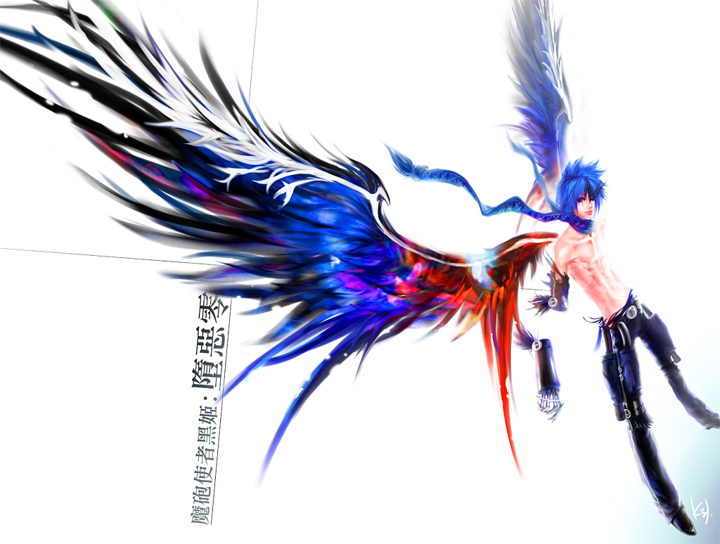 bishounen black_wings blue_hair downscaled kid_(artist) mahou_tsukai_kurohime male_focus md5_mismatch resized shirtless solo wings zero_(kurohime)