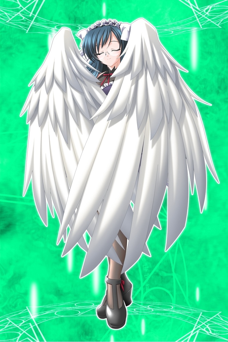 angel angel_wings black_footwear closed_eyes covering feathered_wings full_body green_background green_hair high_heels highres higuchi_isami magical_girl mahou_shoujo_sae maid maid_headdress nishijima_shouko rimless_eyewear round_eyewear smile solo white_wings wings