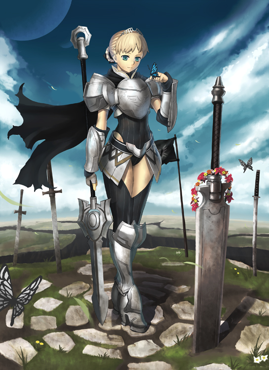 armor blonde_hair blue_eyes bug butterfly cape cloud day flag green_eyes hairband insect k+ moon original polearm short_hair sky solo spear sword thighhighs weapon