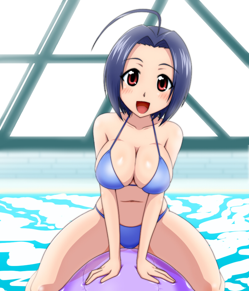 :d ahoge arm_support ball blue_hair blush breast_squeeze breasts cleavage exercise_ball goriate idolmaster idolmaster_(classic) idolmaster_2 indoors large_breasts miura_azusa navel open_mouth pool red_eyes rei_no_pool riding shiny shiny_skin short_hair smile window