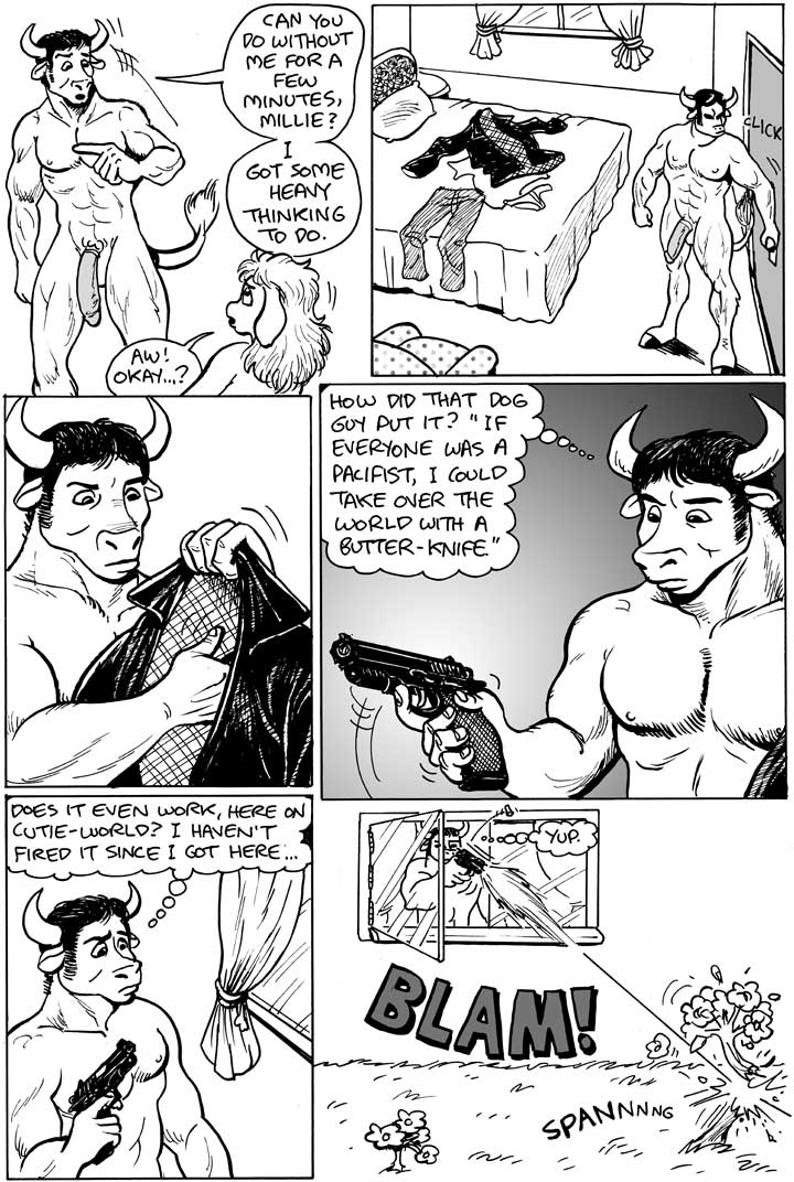 black_and_white bovine comic dialog dialogue female flaccid gun hooves horn karno male mammal monochrome nude penis ranged_weapon text weapon