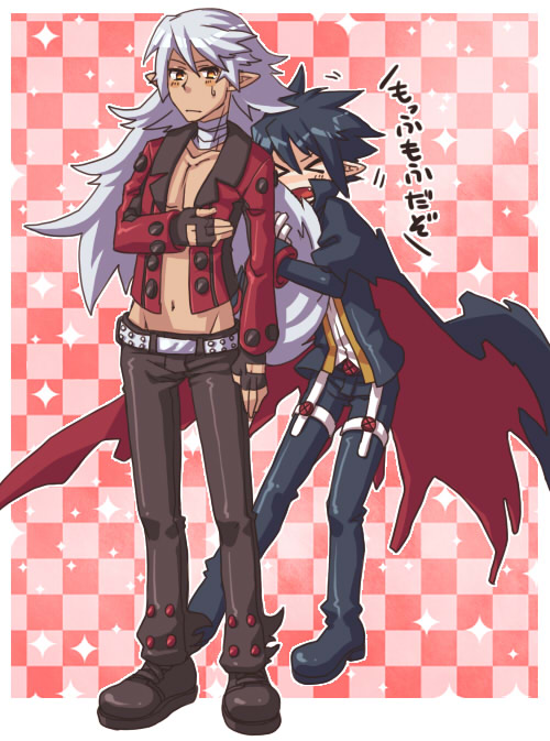 &gt;_&lt; black_hair cape check_translation checkered checkered_background closed_eyes disgaea fang fenrich_(disgaea) fingerless_gloves gloves long_hair makai_senki_disgaea_4 male_focus multiple_boys open_mouth pointy_ears short_hair sweatdrop tail tail_hug translated translation_request valvatorez_(disgaea) white_hair wolf_tail yellow_eyes yu_(kaburimono_ex)