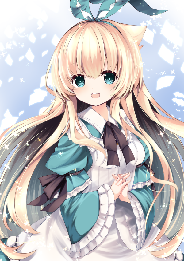 1girl :d alice_(grimms_notes) apron black_bow blonde_hair blue_dress blush bow breasts collared_dress commentary_request dress frilled_apron frilled_sleeves frills green_eyes green_hairband green_ribbon grimms_notes hair_ribbon hairband head_tilt interlocked_fingers long_hair long_sleeves looking_at_viewer nanase_nao open_mouth puffy_short_sleeves puffy_sleeves ribbon round_teeth short_over_long_sleeves short_sleeves small_breasts smile solo teeth upper_body upper_teeth very_long_hair white_apron wide_sleeves