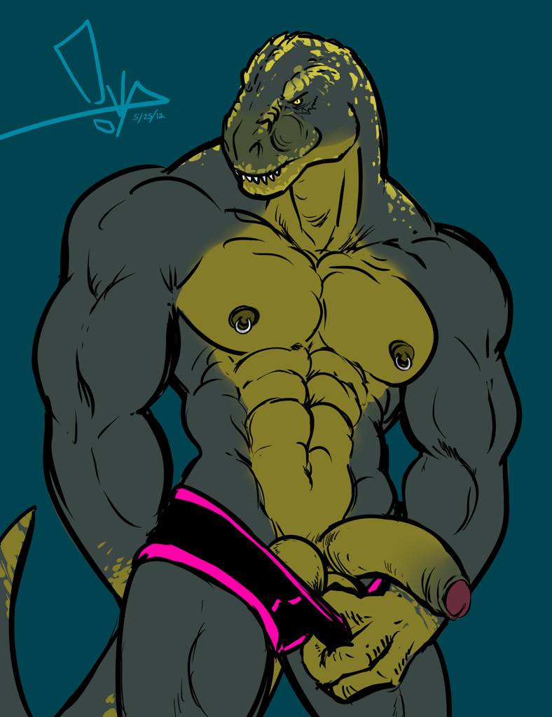 anthro balls bgn biceps big_muscles big_penis briefs clothed clothing dinosaur erection half-dressed handsome looking_at_viewer male muscles nipple_piercing nipples pecs penis piercing pose presenting scalie showing_off solo topless tyrannosaurus_rex uncut underwear yellow_eyes zeke