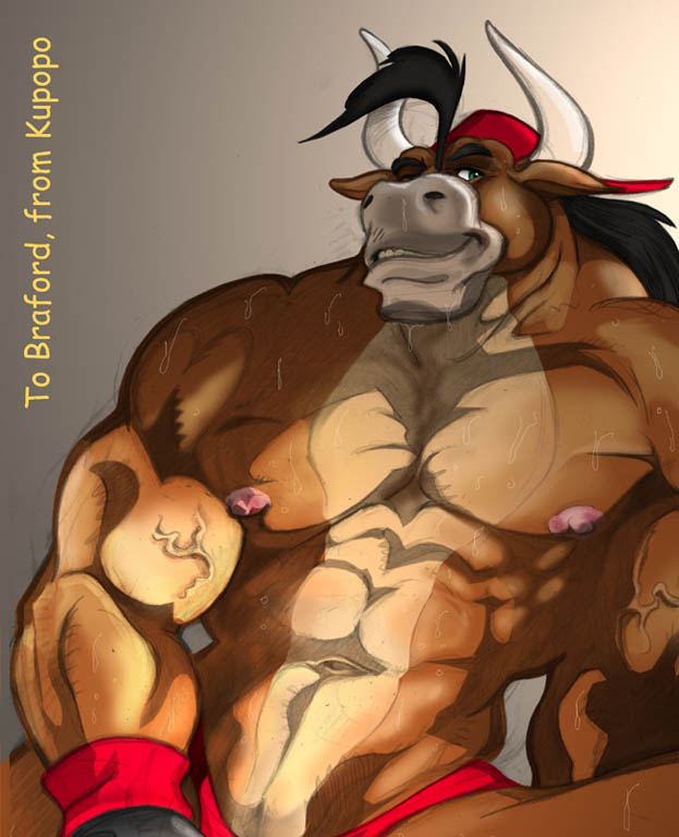 anthro backwards_baseball_cap biceps big_muscles bovine braford bull cattle clothed clothing gloves green_eyes half-dressed hat horn kupopo male mammal muscles nipples oscar_(character) pecs pose solo sweat topless underwear vein veins