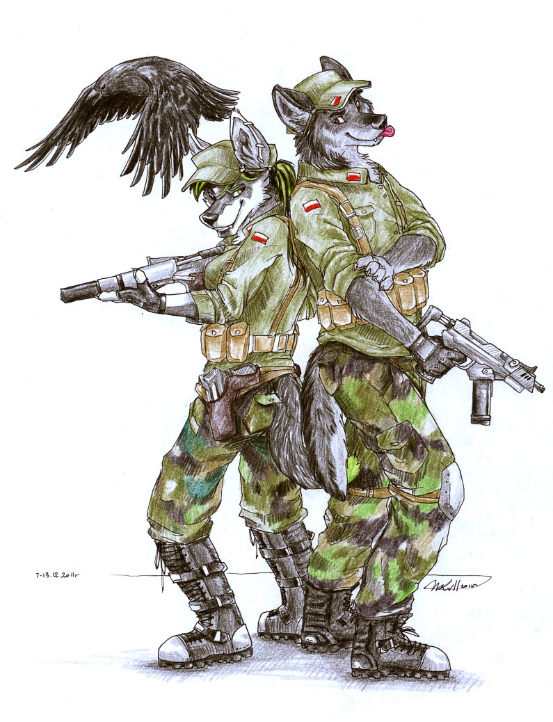 avian bird black_feathers black_hair canine couple crow female fuckie fuckie_(character) fur green green_hair grey_fur grin hair hat long_hair male mammal piercing plain_background ranged_weapon raven smile weapon white_background wolf