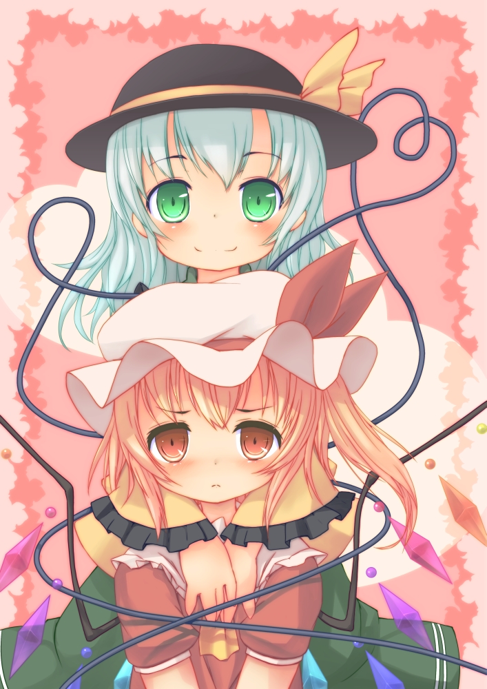 ascot blonde_hair crystal flandre_scarlet green_eyes green_hair hat hat_ribbon hug komeiji_koishi long_sleeves multiple_girls red_eyes ribbon sakuna short_hair short_sleeves side_ponytail touhou wide_sleeves wings