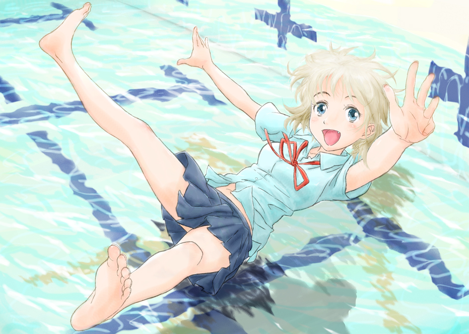 bad_id bad_pixiv_id barefoot blonde_hair blue_eyes falling fang feet hands khui open_mouth original pool school_uniform skirt smile soles solo toes water