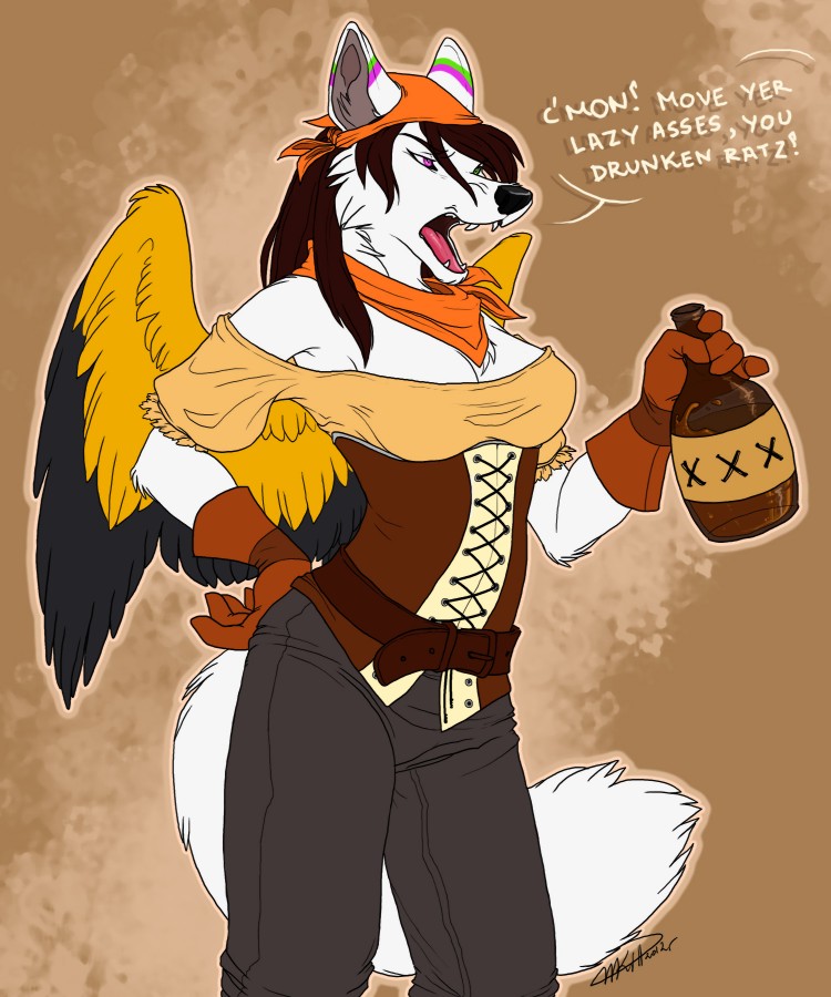 alcohol bandanna belt beverage black_feathers blouse canine cleavage clothed clothing command corset drink fluffy_tail fuckie fur gloves grey_pants hand_on_hip lacing mammal open_mouth pink_eyes pirate ruffles text white white_fur wings wolf yellow_feathers