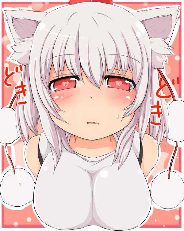 animal_ears bad_id bad_pixiv_id blush goyouga-deann hat heart heart-shaped_pupils inubashiri_momiji open_mouth red_eyes short_hair silver_hair solo sweatdrop symbol-shaped_pupils tokin_hat touhou upper_body wolf_ears