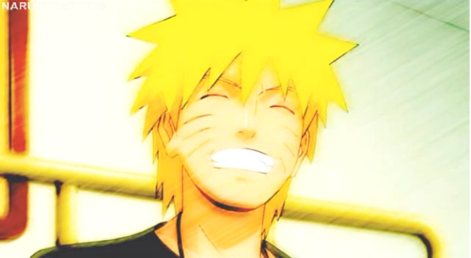 1boy blonde_hair eyes_closed facial_mark male naruto naruto_shippuden necklace screencap smile solo t_shirt uzumaki_naruto whiskers