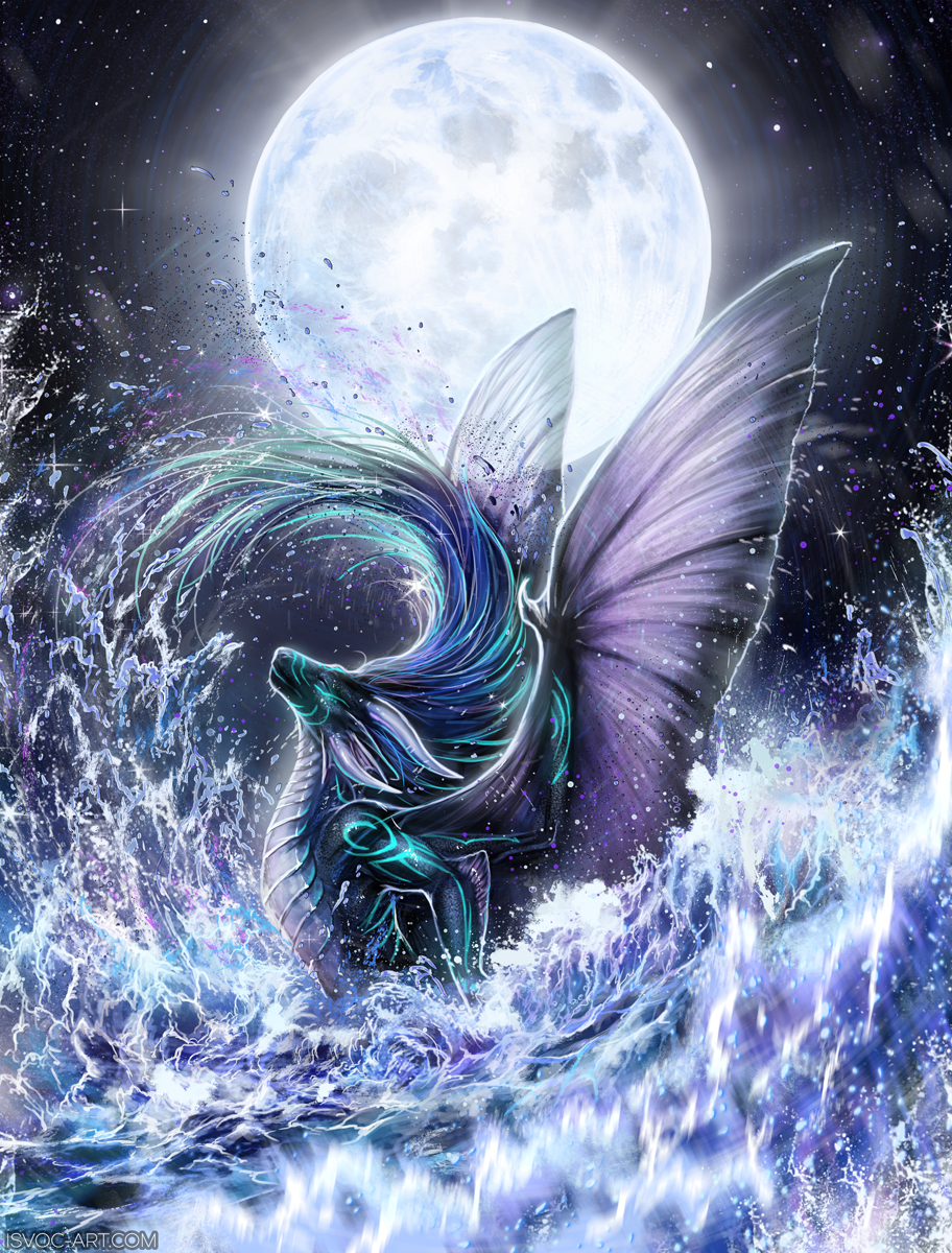 2019 detailed_background digital_media_(artwork) dragon feral horn isvoc moon night outside partially_submerged solo water