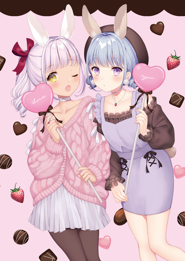 2girls ;d animal_ears bangs beret blue_hair bow brown_hat brown_legwear brown_shirt bunny_ears cardigan chocolate collarbone commentary_request dark_skin dress english_text eyebrows_visible_through_hair fang food fruit hair_bow hat heart holding long_hair long_sleeves looking_at_viewer multiple_girls off-shoulder_shirt off_shoulder one_eye_closed open_mouth original pantyhose pink_background pink_cardigan pleated_skirt ponytail puffy_long_sleeves puffy_sleeves purple_dress purple_eyes red_bow shirt silver_hair skirt sleeveless sleeveless_dress smile strawberry wasabi_(sekai) white_skirt yellow_eyes
