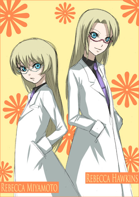 blonde_hair child crossover glasses green_eyes labcoat long_hair pani_poni_dash! rebecca_hopkins rebecca_miyamoto yu-gi-oh! yuu-gi-ou_duel_monsters