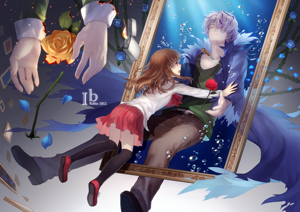 1girl bad_id bad_pixiv_id black_legwear blue_flower blue_rose brown_hair bubble burning coat copyright_name falling flower fur_coat garry_(ib) ib ib_(ib) kneehighs lighter mary_(ib) palette_knife petals picture_frame purple_hair red_eyes red_flower red_rose robinexile rose spoilers thighhighs water withered yellow_flower yellow_rose