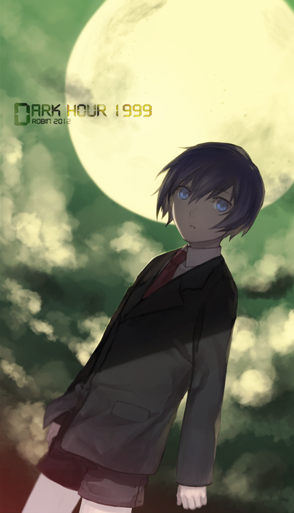 bad_id bad_pixiv_id blue_eyes blue_hair full_moon male_focus moon necktie persona persona_3 robinexile shorts solo younger yuuki_makoto