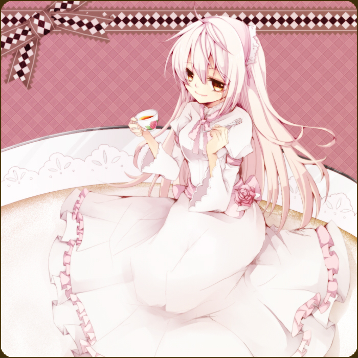 aki_(chromaticclip) border cup dress fork holding holding_fork long_hair original plate silver_hair sitting smile solo teacup yellow_eyes