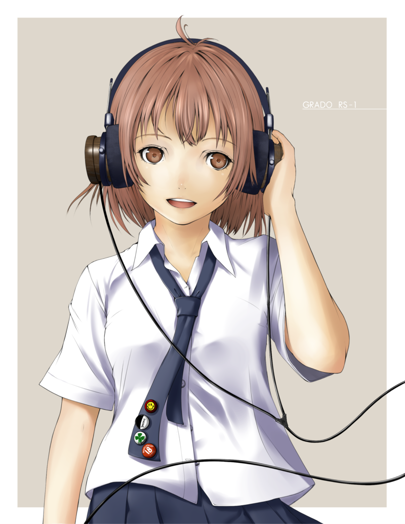 bad_id bad_pixiv_id brown_eyes brown_hair grado_labs headphones listening_to_music loose_necktie nakamura_bun necktie open_mouth original pins pleated_skirt product_placement shirt short_hair short_sleeves skirt solo