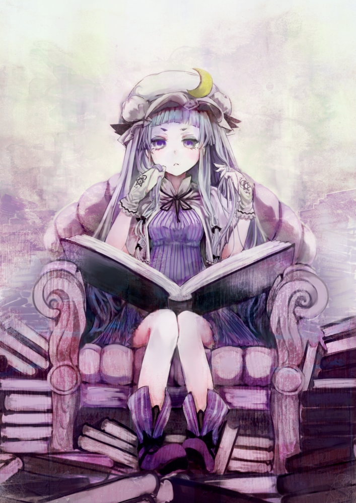 bare_legs book chair childofa crescent easy_chair full_body gloves hat long_hair looking_at_viewer open_book patchouli_knowledge purple_eyes purple_hair sitting solo touhou very_long_hair
