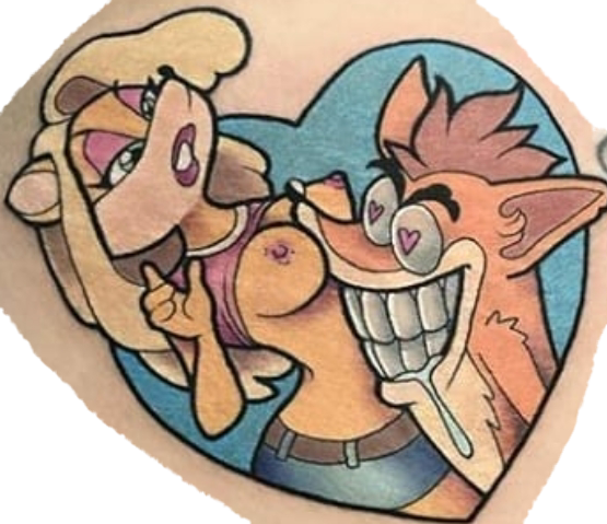 breasts couple_(disambiguation) crash_bandicoot crash_bandicoot_(series) drooling female humor male male/female saliva surprise tattoo tawna_bandicoot video_games