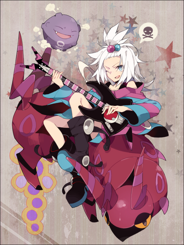 :d ;d ^_^ aria_r bare_shoulders bass_guitar blue_eyes boots closed_eyes combat_boots dress fangs flat_chest gen_1_pokemon gen_5_pokemon gym_leader hair_bobbles hair_ornament holding homika_(pokemon) instrument knee_boots koffing long_sleeves looking_at_viewer off_shoulder one_eye_closed open_mouth orange_sclera platform_footwear poke_ball pokemon pokemon_(creature) pokemon_(game) pokemon_bw2 profile riding scolipede short_dress short_hair sitting skull_and_crossbones smile smoke speech_bubble spiked_hair star striped striped_dress topknot torn_clothes torn_dress v-shaped_eyebrows white_hair wide_sleeves
