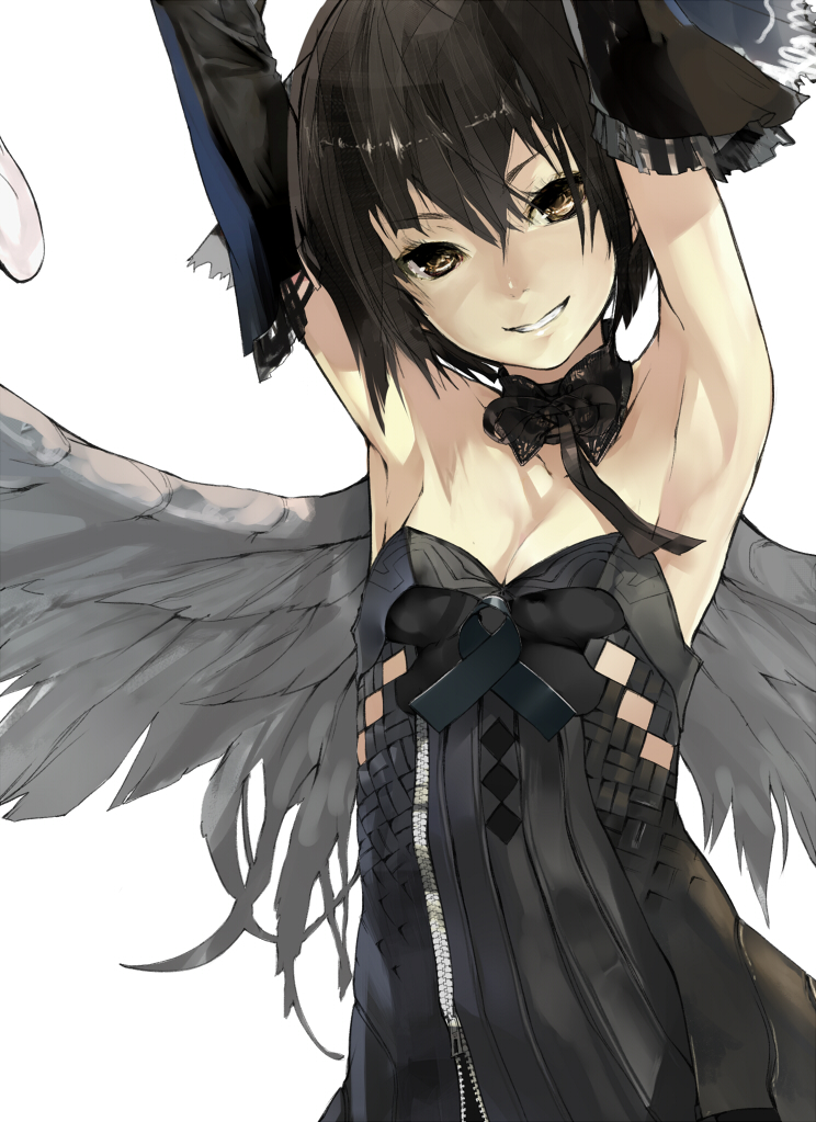 armpits arms_up bare_shoulders black_dress black_hair bow brown_eyes choker detached_sleeves dress feathered_wings feathers grin leather looking_at_viewer nil original short_hair smile solo wings zipper