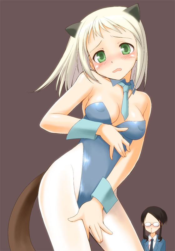 alternate_costume animal_ears areolae blonde_hair blood blue_leotard blush brown_hair covering covering_crotch elma_leivonen embarrassed glasses green_eyes hakkinen highleg highleg_leotard leotard mirutsu_(milts) multiple_girls nosebleed pantyhose playboy_bunny_leotard tail world_witches_series wrist_cuffs