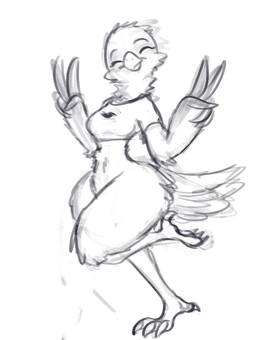 2019 anthro avian beak bird black_and_white bluedouble bottomless clothed clothing crop_top double_v_sign eyes_closed feather_hands feathers female logo monochrome on_one_leg shirt simple_background sketch standing tail_feathers talons toe_claw tweetfur twitter v_sign white_background